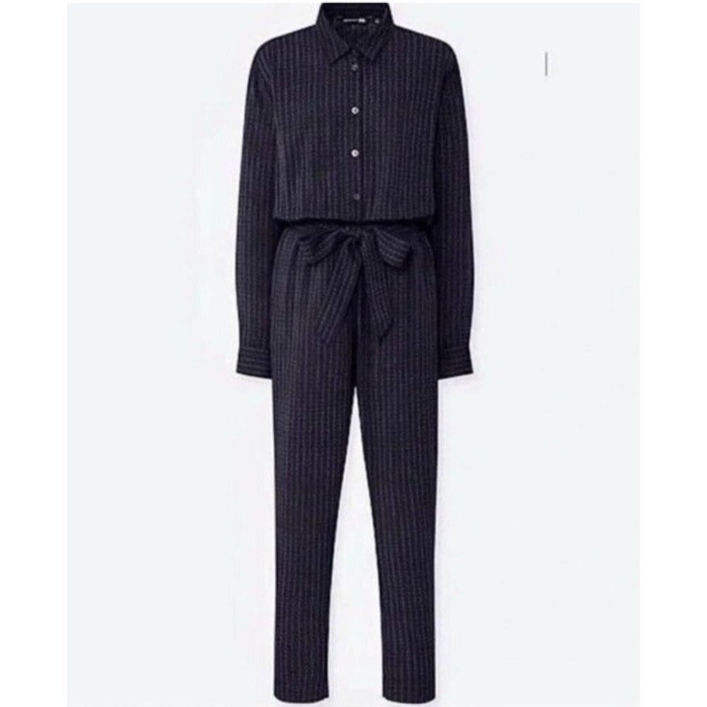 Uniqlo x Marimekko Jumpsuit Womens XS Black Blue Belted Button Front Geometric